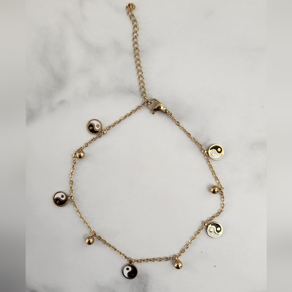 Gold Plated Yin Yang Anklet Adjustable Dainty Bracelet Minimalist Charm Jewelry - Picture 9 of 12